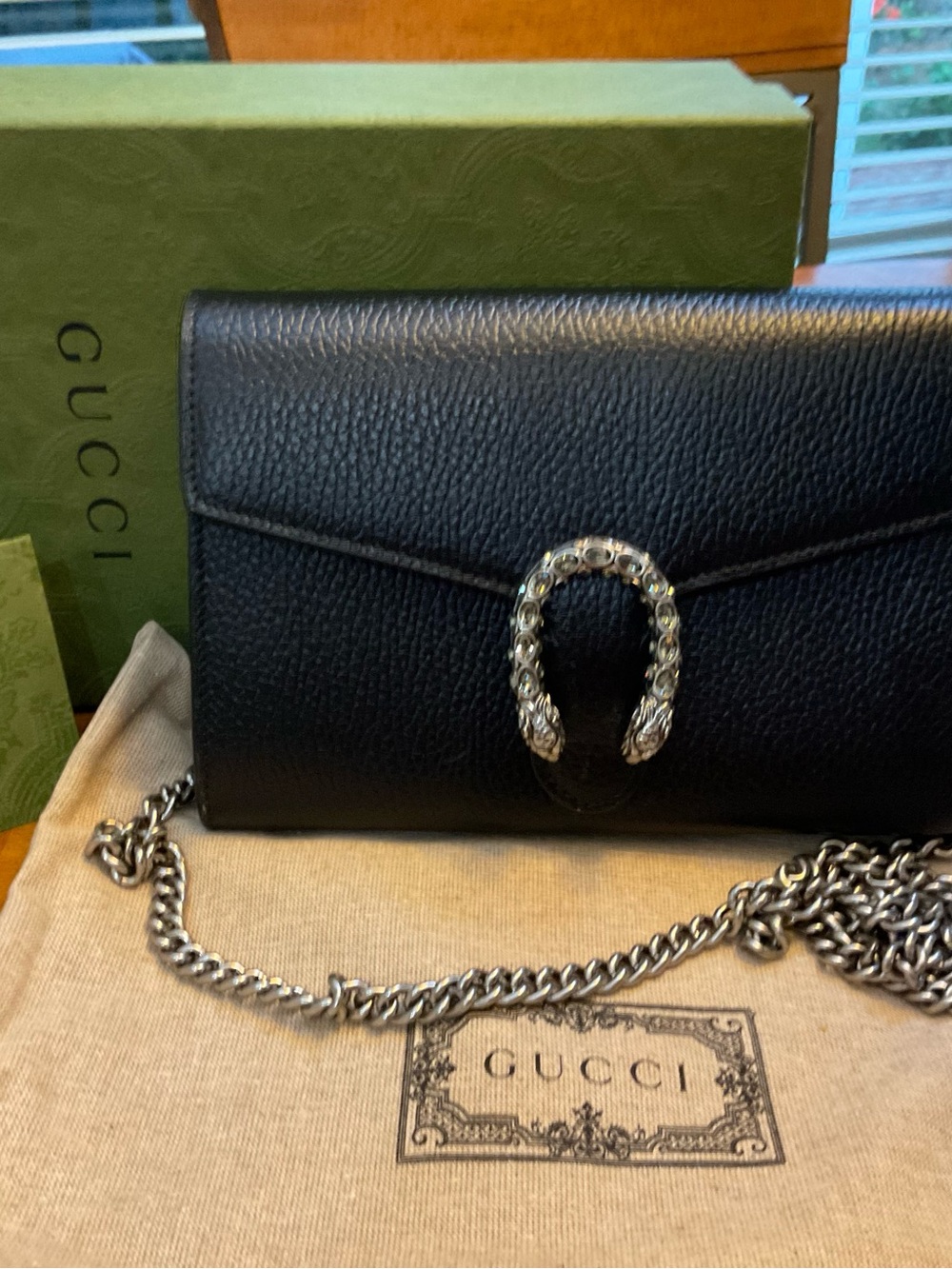 GUCCI Dionysus Black Pebbled Leather Wallet with Silver Hardware AUTHENTIC NWT